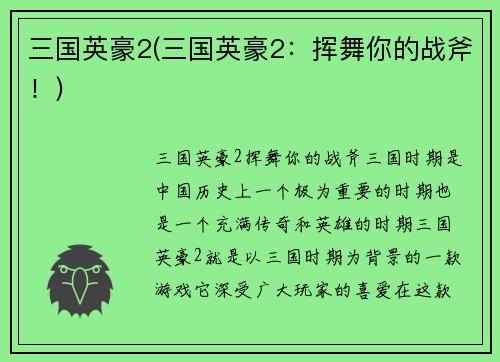 三国英豪2(三国英豪2：挥舞你的战斧！)